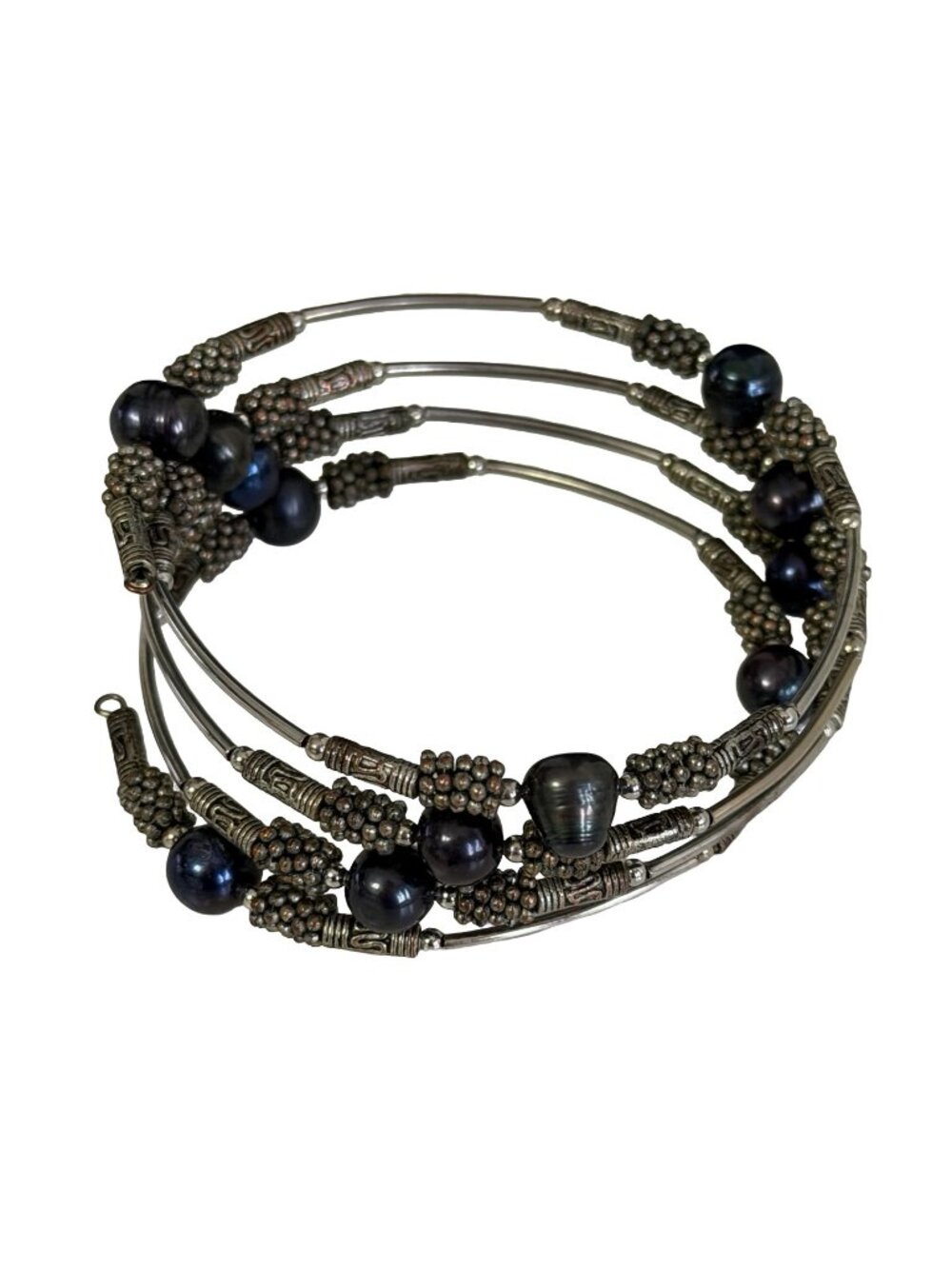 Vintage Black Peacock Freshwater Pearl Multi Strand Memory Wire Bracelet Boho